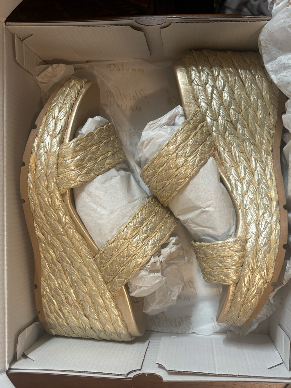 Metallic Gold Braided Platform Wedge Sandals - Women